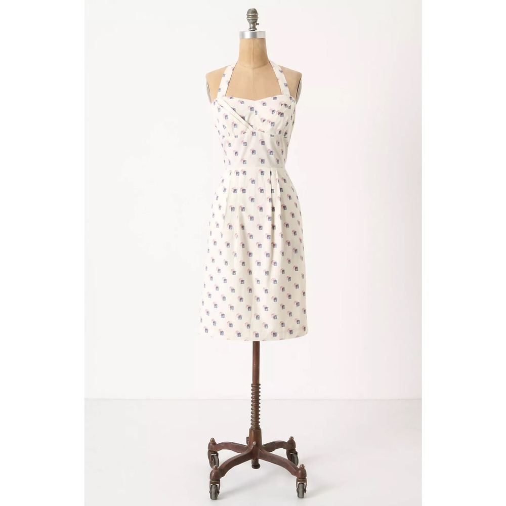 Anthropologie Girls from Savoy Sincerely Paris Halter Dress Sz 0 Cream Blue Red